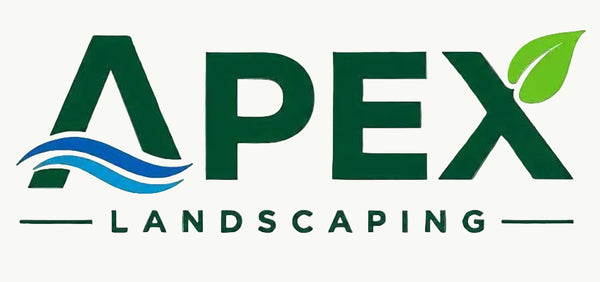 Logo of Apex Landscaping with green text and a leaf symbol on a black background